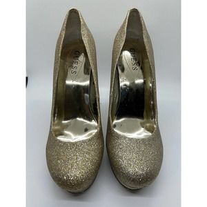 Guess Gold Glitter High Heel Closed Toe Pump Size 8M
